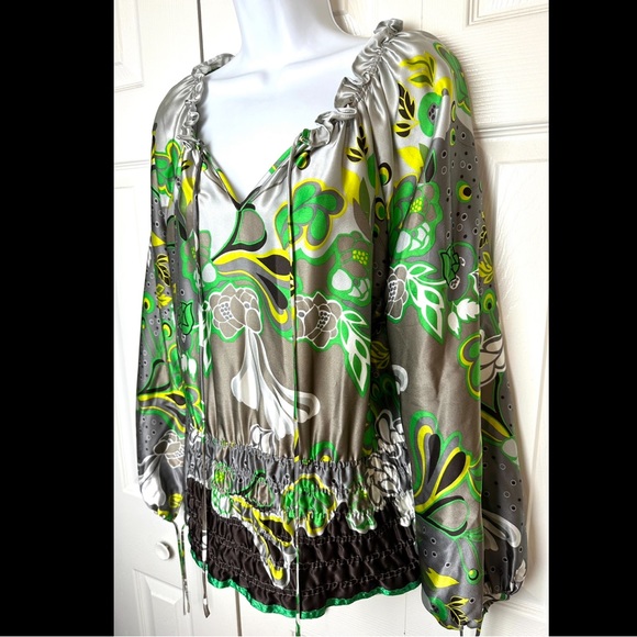 ETCETERA Retro Vibrant Floral Silk Blouse Top Shirt Green Silver Gray Ruffle Tie - Picture 2 of 11